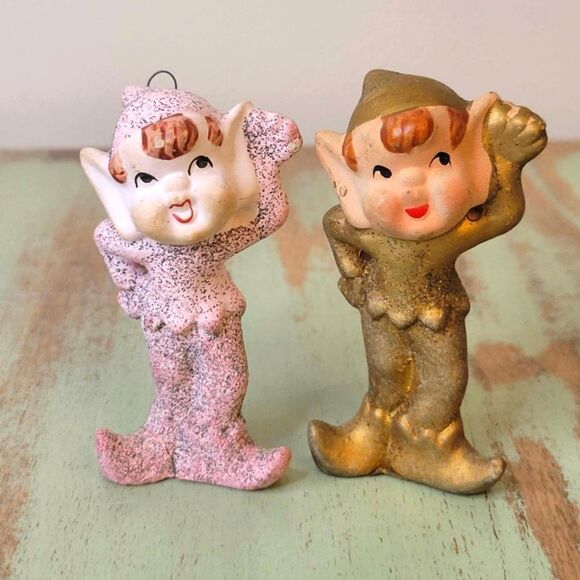 Vintage 1960's Mica Glitter Commodore Christmas Pixie Elf Pair - Picture 1 of 12